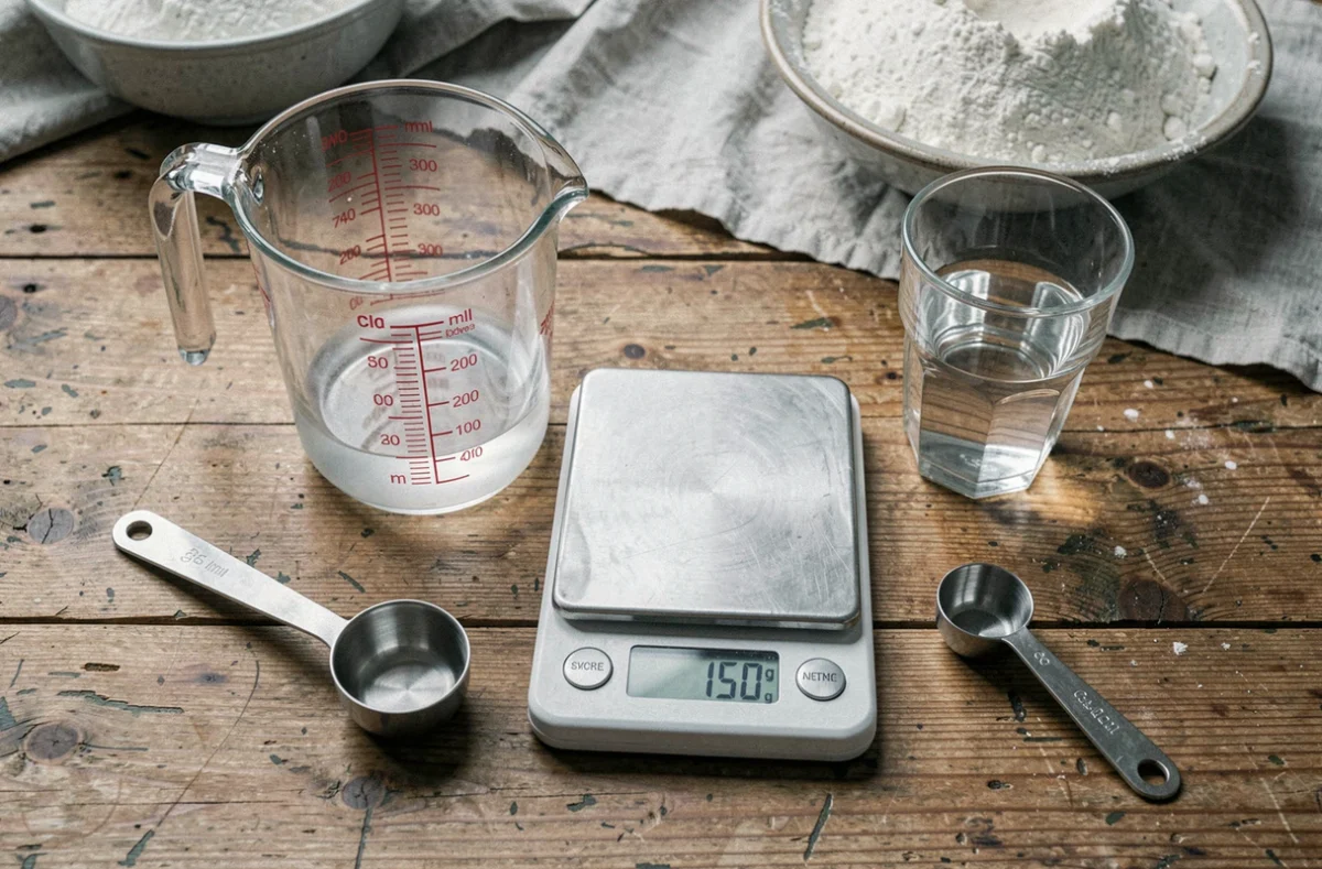 Verre doseur gradué en centilitres et balance de cuisine affichant 150 grammes posés sur une table en bois rustique