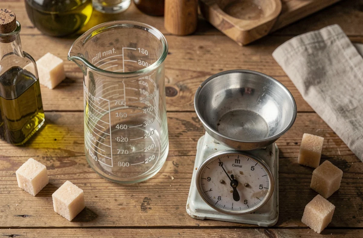 Vue aérienne d'un verre doseur gradué en centilitres posé à côté d'une balance de cuisine analogique sur une table en bois avec des ingrédients