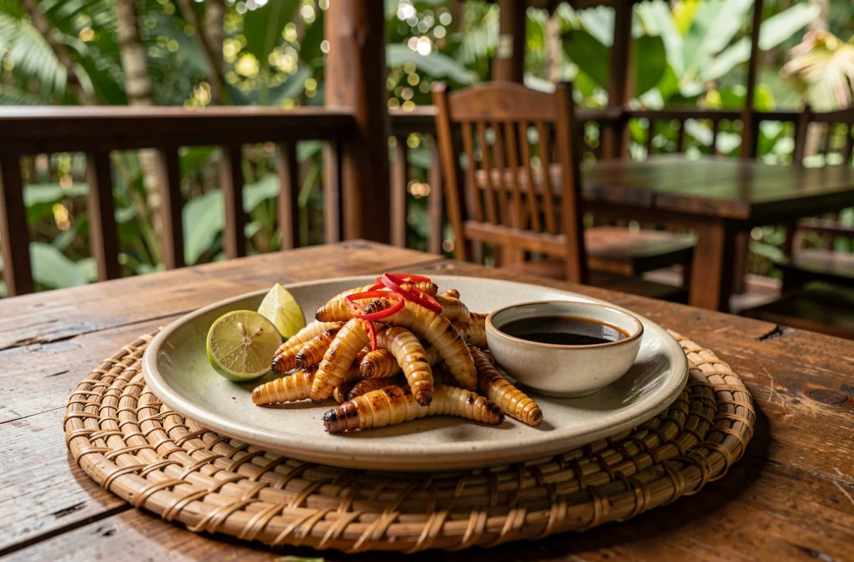Assiette de vers de coco grillés servis avec citron vert et sauce dans un restaurant tropical