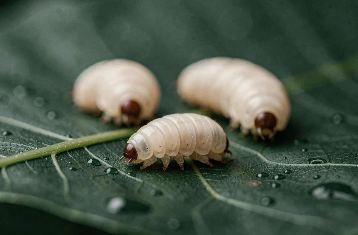 Gros plan de vers de coco sur une feuille tropicale verte montrant leur texture segmentée naturelle