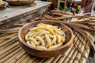Vers de coco crus dans un bol en bois sur un étal de marché traditionnel en Asie du Sud-Est