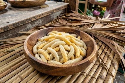 Vers de coco crus dans un bol en bois sur un étal de marché traditionnel en Asie du Sud-Est