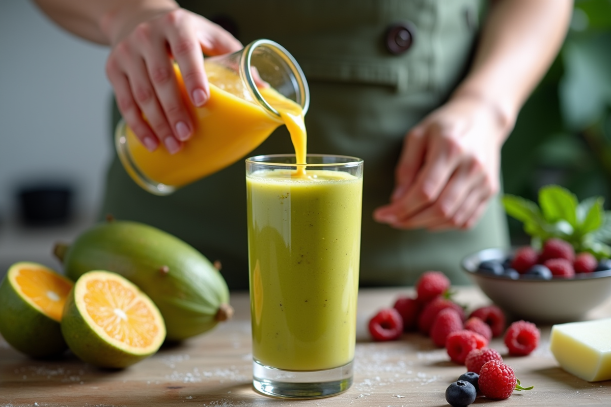 Main versant un smoothie vert et orange dans un verre
