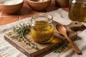 Petit pot en verre de vinaigrette maison dorée sans moutarde posé sur une planche en bois rustique avec des herbes fraîches