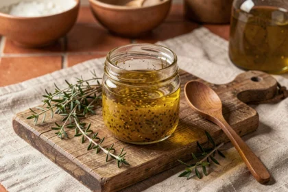 Petit pot en verre de vinaigrette maison dorée sans moutarde posé sur une planche en bois rustique avec des herbes fraîches