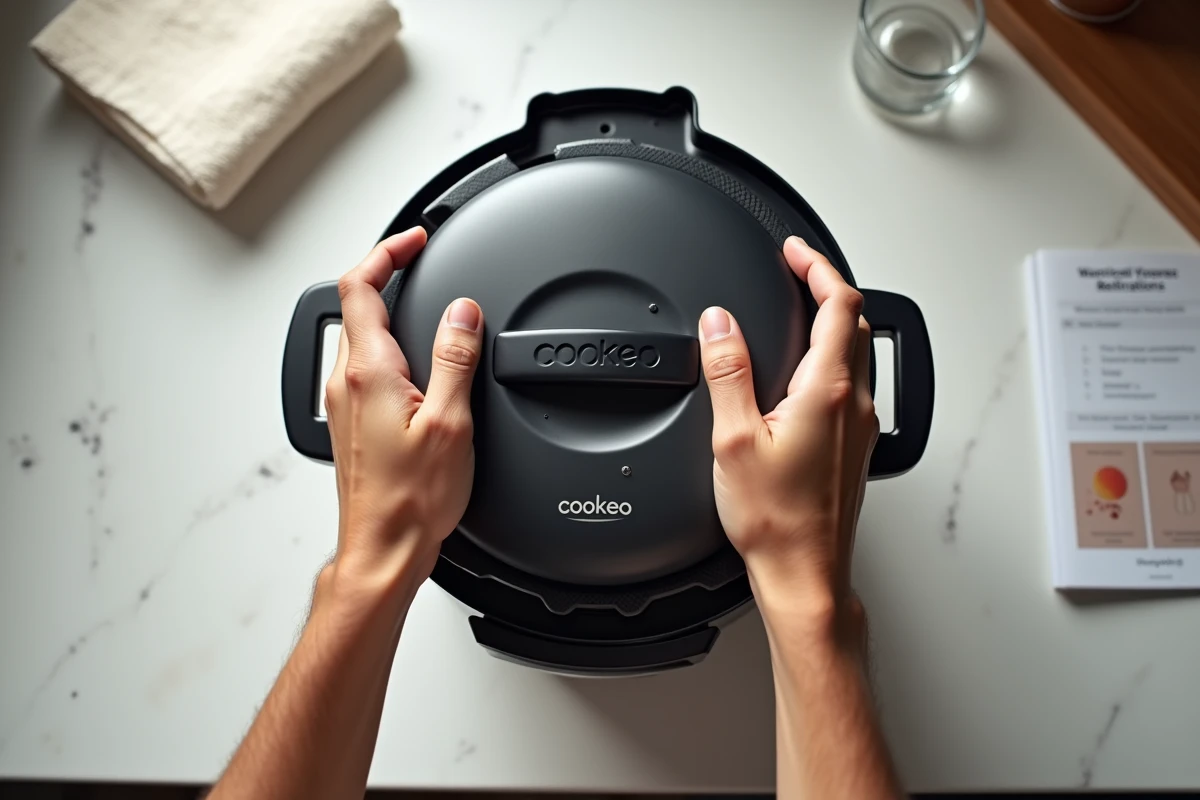 Vue aérienne des mains adultes déverrouillant le couvercle d'un Cookeo en position de rotation